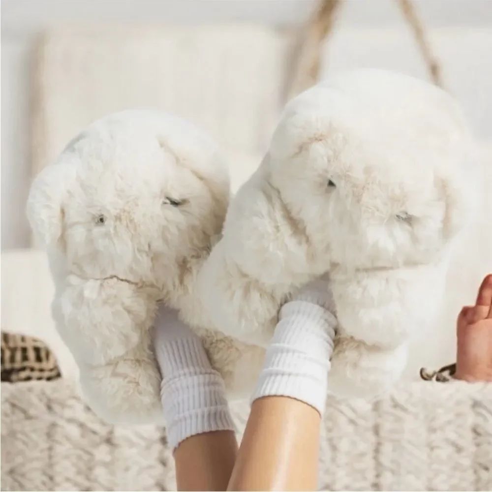 Fluffy White Skims Teddy Bear Slippers A